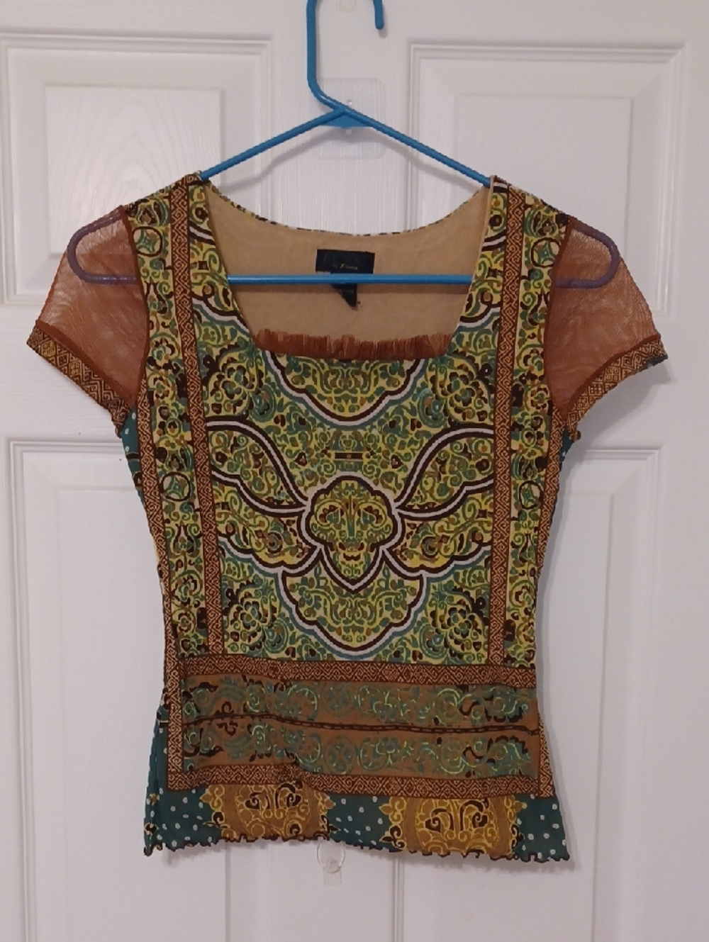 ANAC by Kimmy Sz M, Boho, Mesh, Short Sleeve Top in Green & Brown